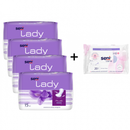 ZESTAW PROMOCYJNY. 4 x wkładki urologiczne dla kobiet Seni Lady Plus 15szt + chusteczki Inti+ z prebiotykiem Seni Care