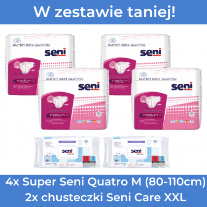 ZESTAW 4x Pieluchomajtki na rzepy Super Seni Quatro M + 2x chusteczki pielęgnacyjne Seni Care XXL